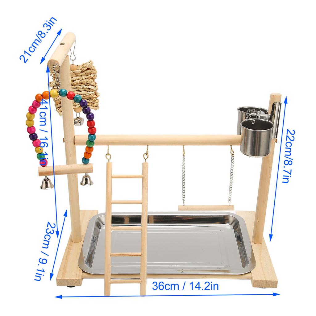 Wood Parrot Playstand Stand Safe Bite Resistant Relieve Boredom Bird Playground with 2 Feeding Cups for Birds Parrots