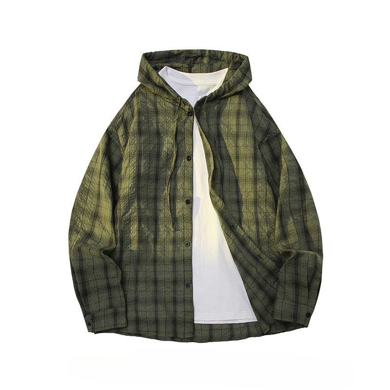 

Рубашка с капюшоном в клетку с длинным рукавом для мужчин и женщин, свободная, защита от солнца, куртка, американский ретро, тонкий кардиган на пуговицах 3XL