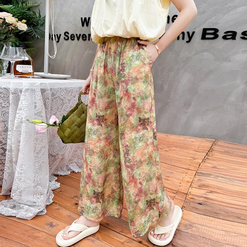 Pantaloni de pijama din bumbac mătase pentru femei, secțiune subțire de vară, anti-țânțari, pantaloni cu picior lat, culoare uni, pentru exterior, casă, petrecere a timpului liber, imprimeu, pantaloni de plajă până la genunchi