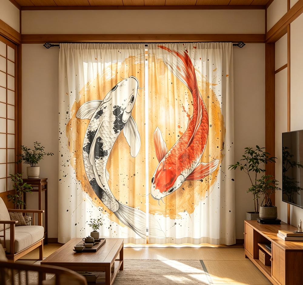 2PCS Digital Printed Curtains with Two Color Koi Design, Stylish Window Drapes for Living Room Bedroom Home Decoration