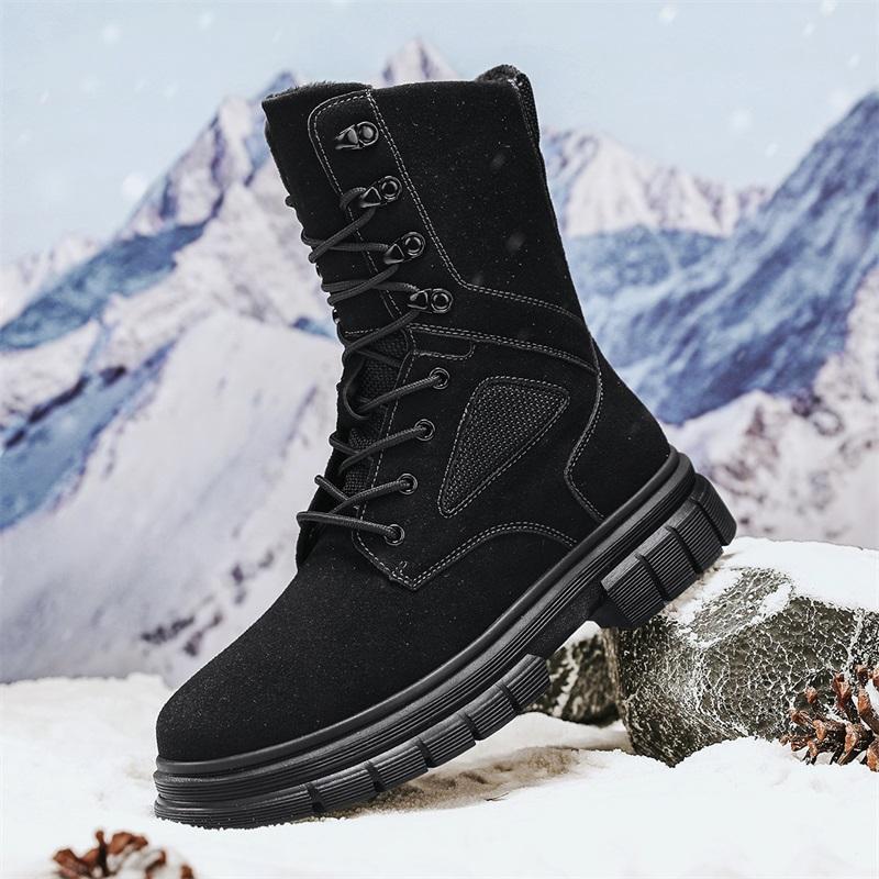Men's High Top Leather Cowhide Wool Lined Warm Snow Boots with Non Slip Rubber Soles
