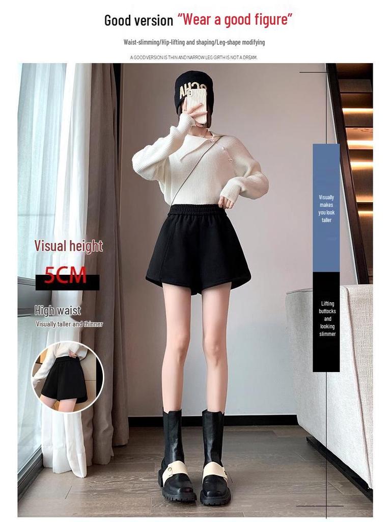 Women's Black High-Waist Woolen A-Line Wide-Leg Shorts - Autumn/Winter Casual Wear