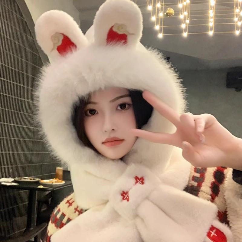 Medium plush hat and scarf integrated women's winter warm ear protection hooded scarf festive new gift