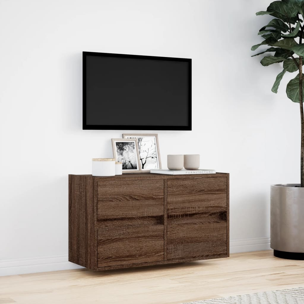 Wall Mounted TV Cabinet with LED Lighting Brown Oak Effect 80 X 31 X 45 Cm