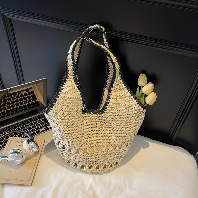 Yogodlns Straw Tote Bag Large Capacity Straw Bag For Women Woven Fashion Handmade Boho Shoulder Bag High-end Seaside Vacation Beach Bag