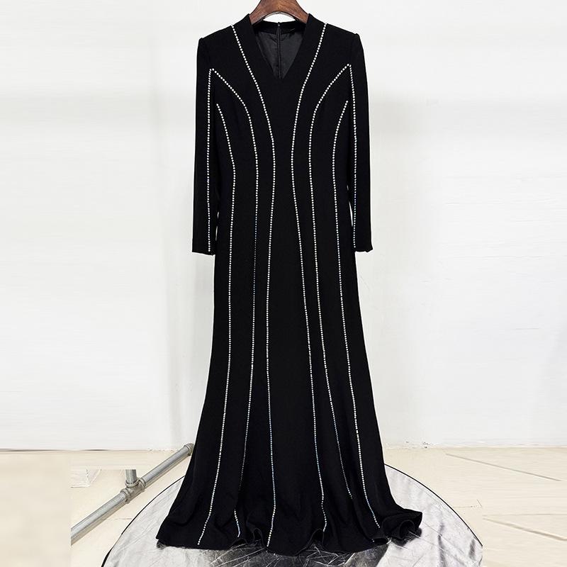 In-Stock 2026 Elegant Long Sleeve Rhinestone Evening Gown XXXL чёрный