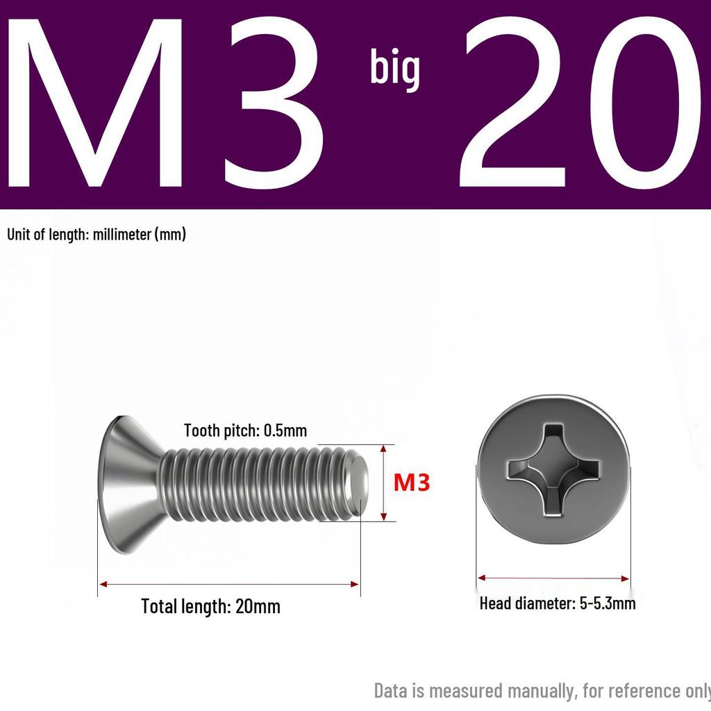 201 Stainless Steel Countersunk Phillips Head Screw: Flat Head Bolt M2-M8