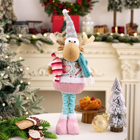 Pink Plush Christmas Doll Retractable Standing Snowman Santa Reindeer Grandma Dolls for Bedroom Home Window Desktop Decoration