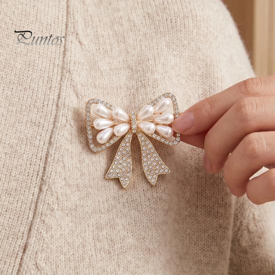 Elegant Bow Brooch with Faux Pearls Rhinestones, Women Vintage Bowknot Alloy Pin Lapel Pin, Jewelry Accessories for Coats Dresses Shawls Shirts
