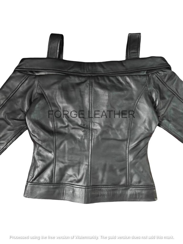 Veste en cuir pour femme élégante à épaules dénudées Agneau pur Noir Fait main Biker
