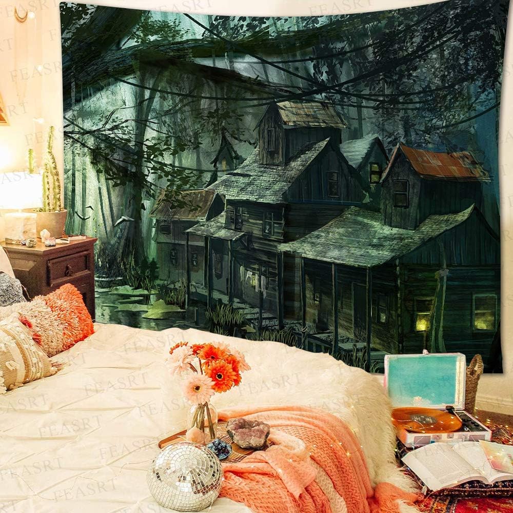 Aesthetic Swamp Abandoned House Tapestry, Dark Forest Haunted Cabin Wall Hanging, Gothic Witchy Decor For Bedroom Living Room