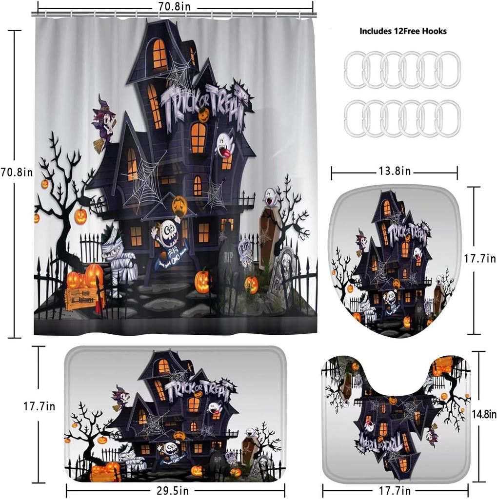 Halloween Shower Curtain Sets Haunted House Pumpkin Shower Curtains With 12 Hooks, Bathroom Decor Sets With Curtain And Rugs