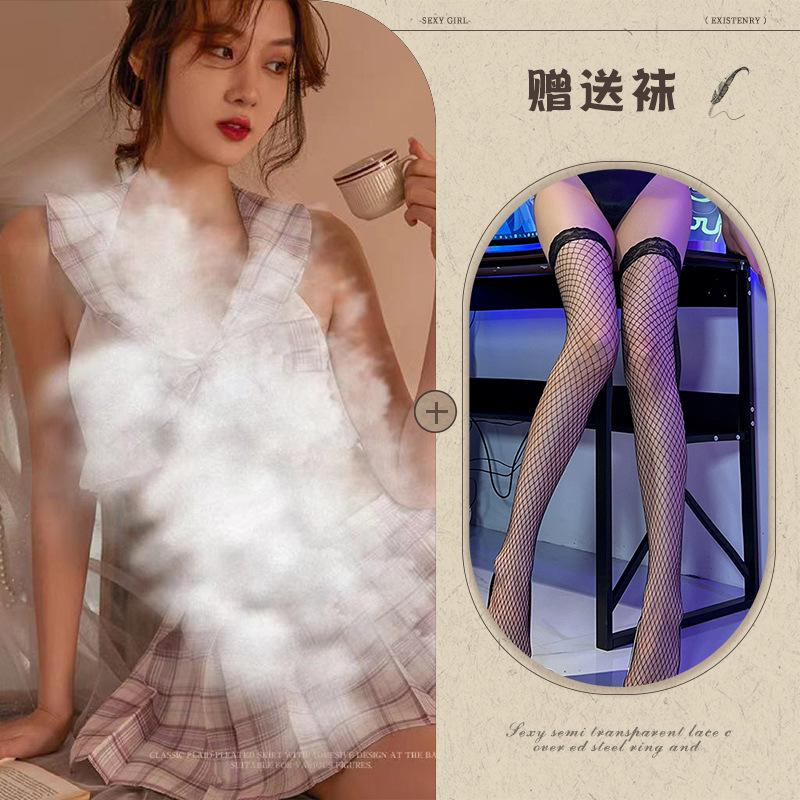 Sexy lingerie sexy plaid jk student dress summer lace-up hollow schoolgirl