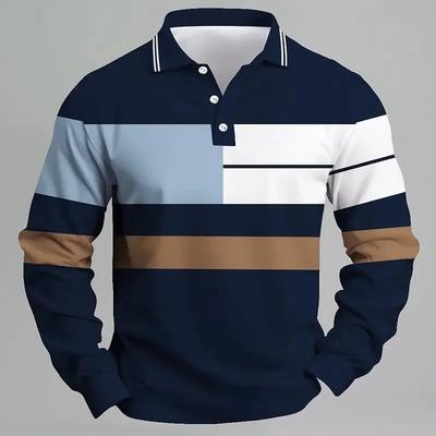 2025 Mode Herren Colorblock Langarm Kragen T-Shirt mit bedrucktem atmungsaktivem Freizeit-Top, Slim Fit und schnelltrocknend
