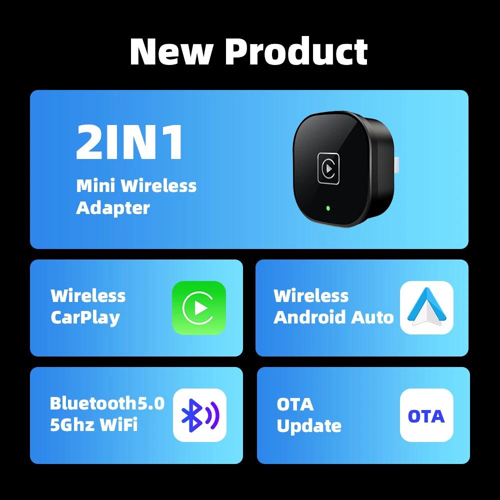 2in1 Wired To Wireless CarPlay Android Auto Adapter for OEM Car Stereo With USB Plug and Play  For Volvo Benz Mg Kia Chery VW
