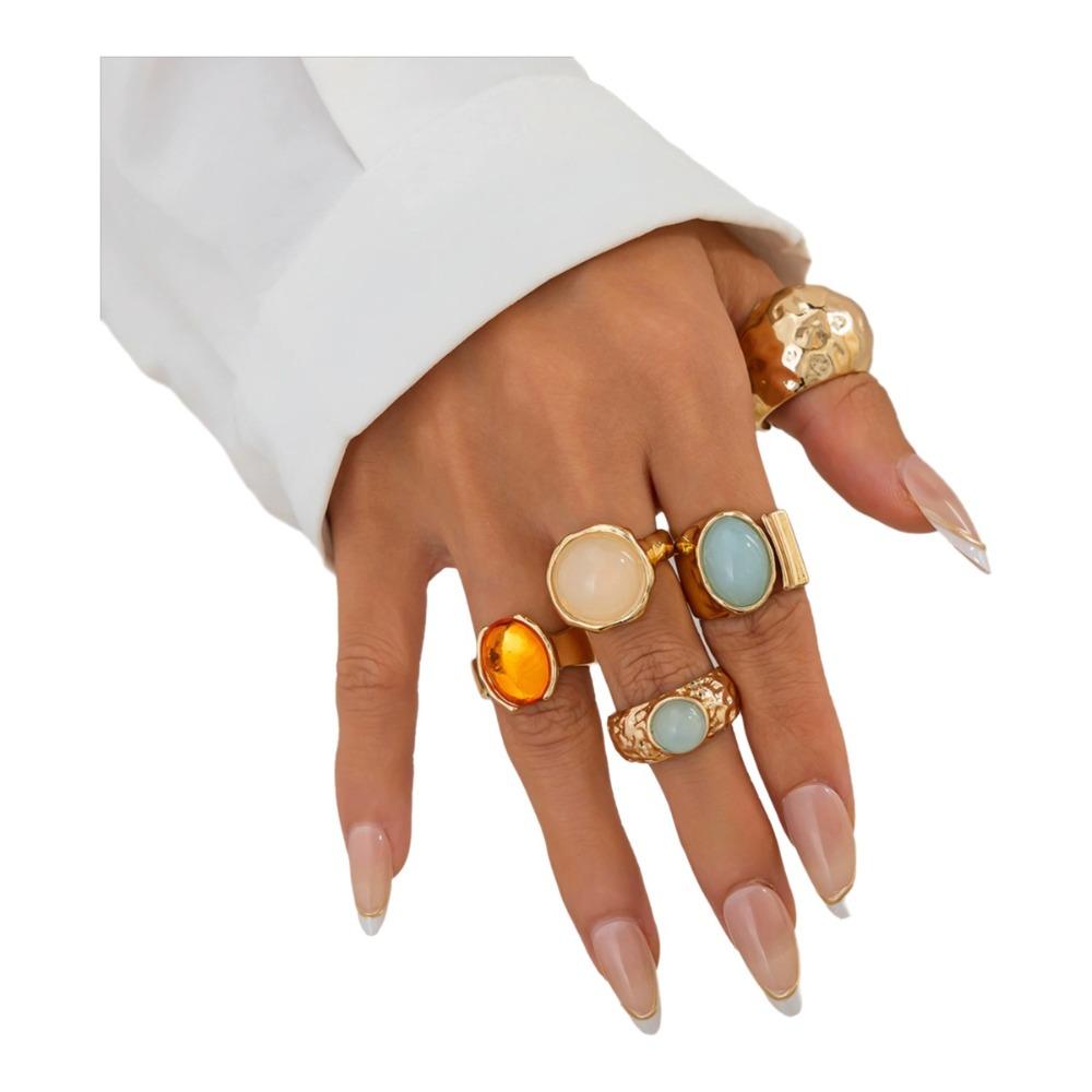 5pcs/7pcs Irregular Chunky Smooth Rings Vintage Retro Metal Ring  Matchable Jewelry