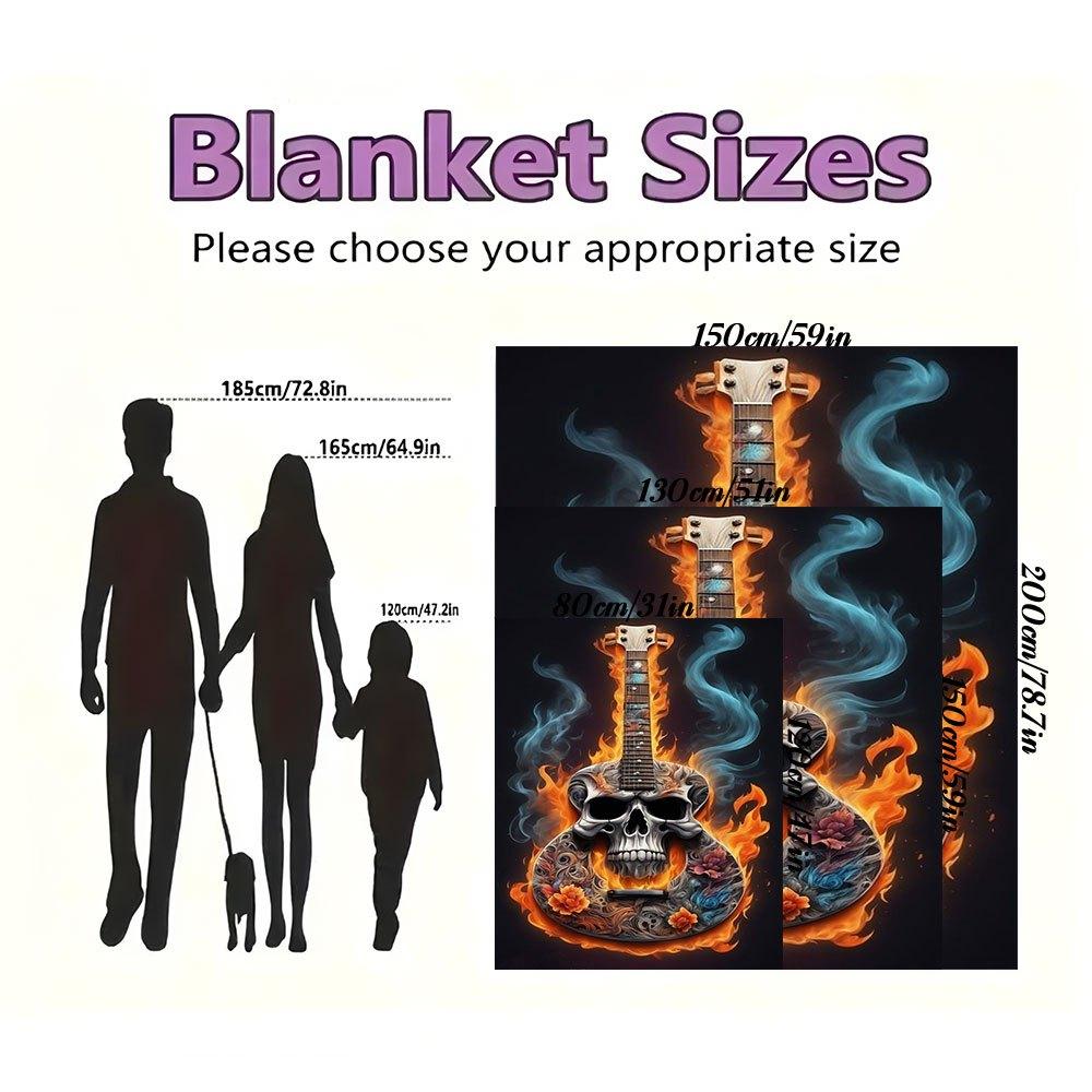 Flaming Skull Guitar Art Print - Musician GiftBlanket Flannel Throw Blanket for Sofa, Bed, Travel, Camping, Office