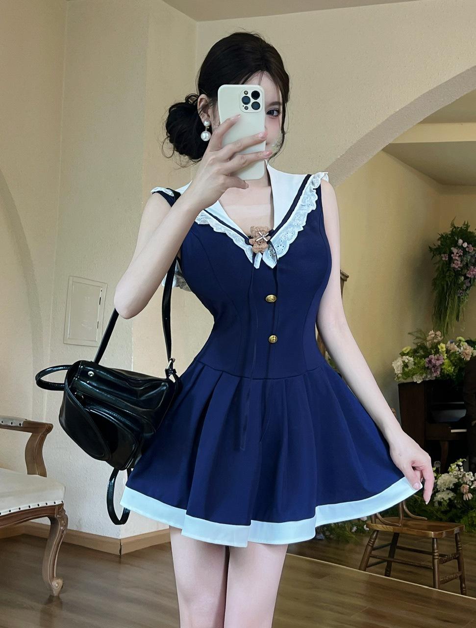Sexy socialite lapel Naval Academy style short waist swing dress new chic temperament dress S синий