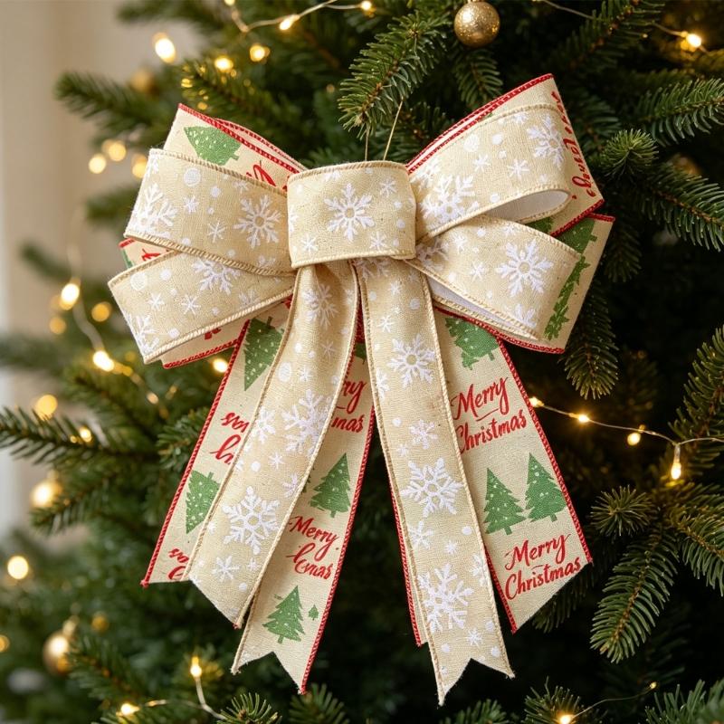 Double Layer Christmas Ribbon Accent Set of 2, Fabric Hanging Pieces for Tree Entry Wall Wreath and Gift Finish