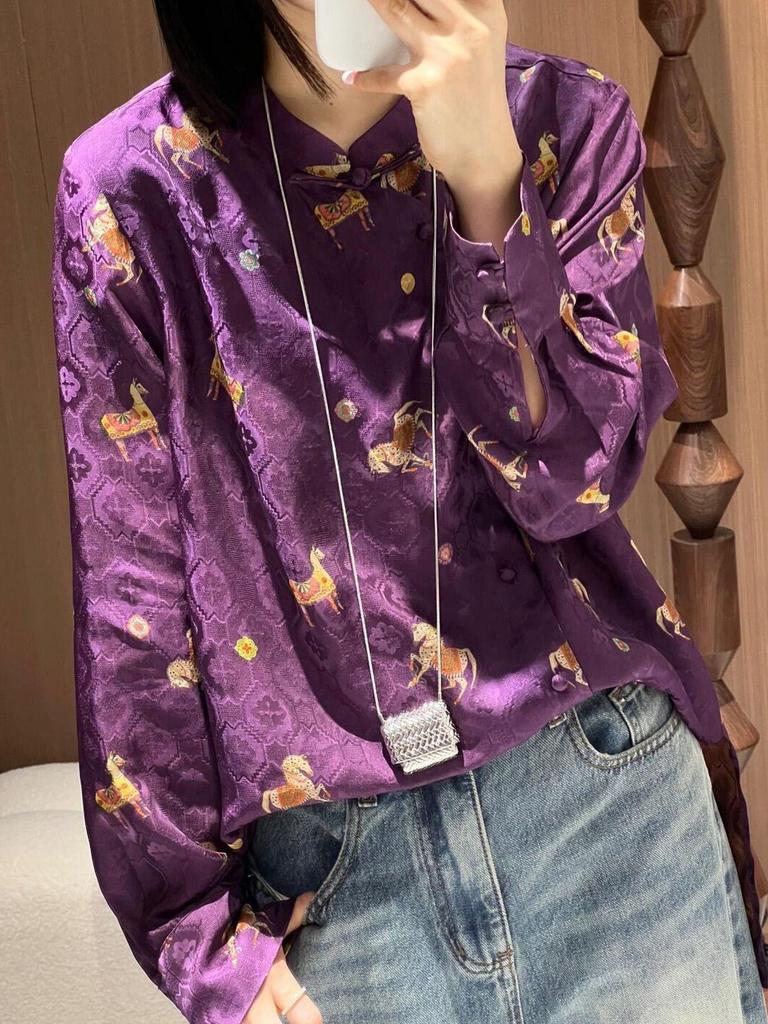 Golden Saddle Embroidered Stand Collar Shirt with Frog Button - New Chinese Style Long Sleeve Top (2026 Design)