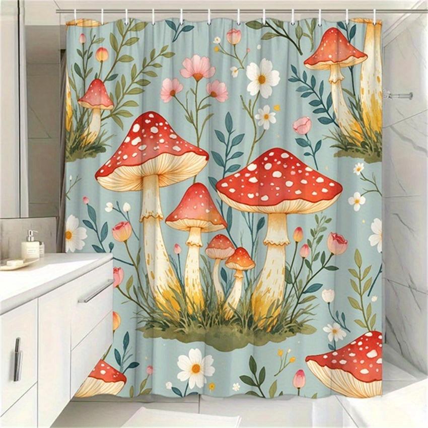 1 Stück Lebendiger Pilz & Grüne Blume Duschvorhang - Vintage Botanisches Design, Rote & Weiße Pilze, Haus- & Badezimmerdekoration