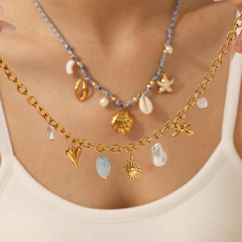 Stainless Steel Ocean Style Necklace with Seashell & Starfish Pendant for Women