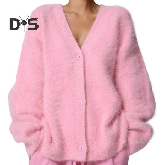 Women Knitting Coat V-Neck Long Sleeve Solid Color Single Breasted Sweater Coat Loose Fit Stretchy Outwear