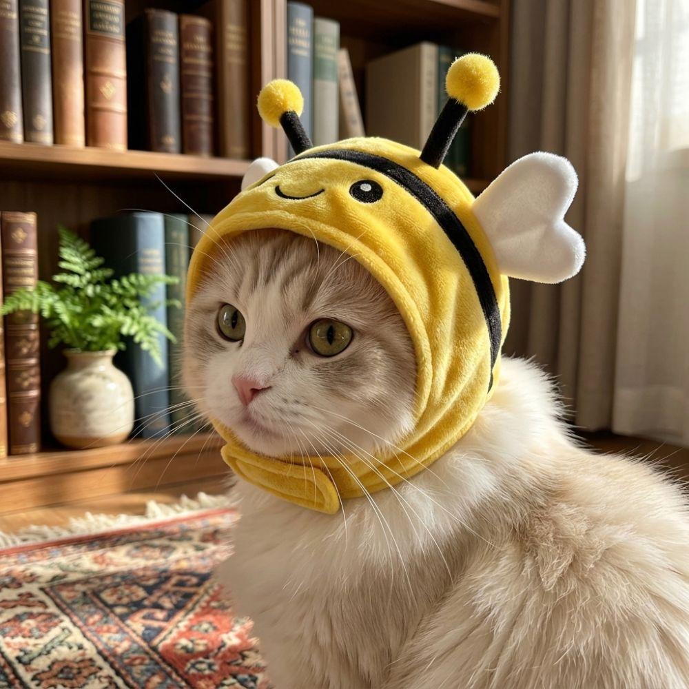 Warm Bee Cat Costume Hat Soft Plush Kitten Cosplay Headgear Cute Whale Pet Hood Holiday Party