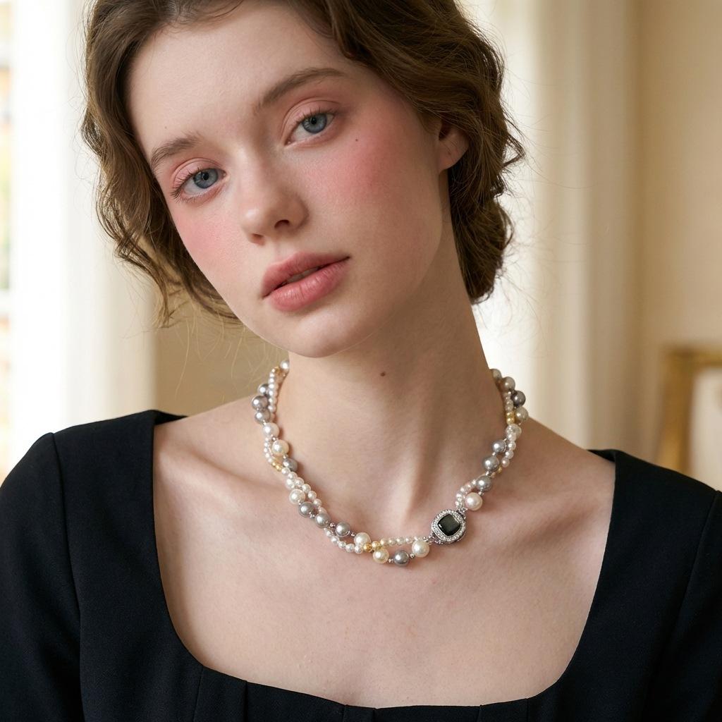 

Women s Luxury Mixed Color Candy-Colored Pearl Double-Layer Cross Necklace French Vintage Collarbone Chain for Women 1