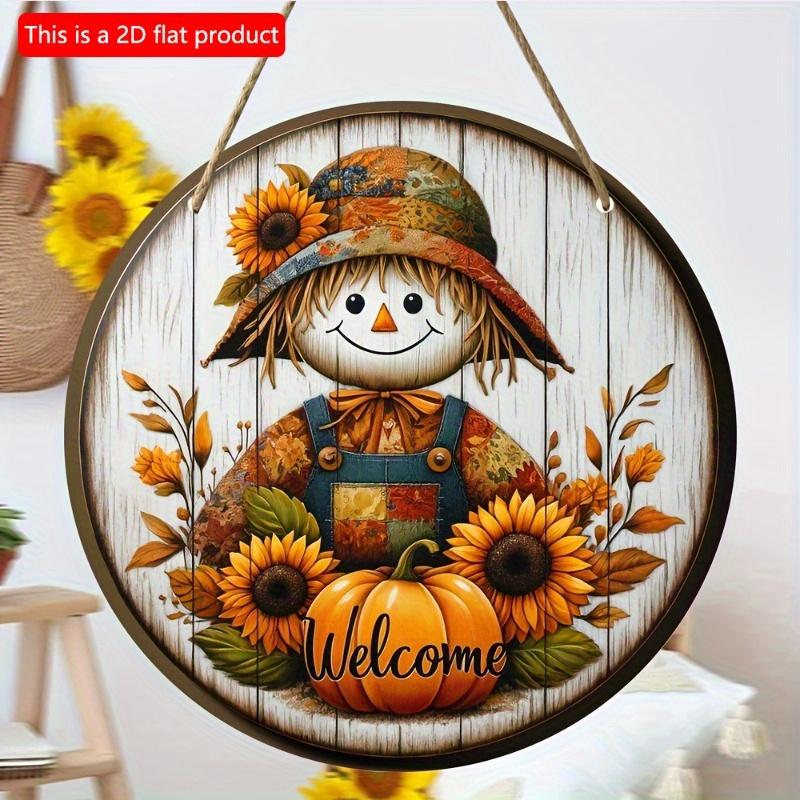 2d Flat 20*20cm, Autumn Home Decoration, Creative Decor Logo, Wooden Round Logo with Autumn Sunflowers, Pumpkins and Scarecrows, Used for Kitchen