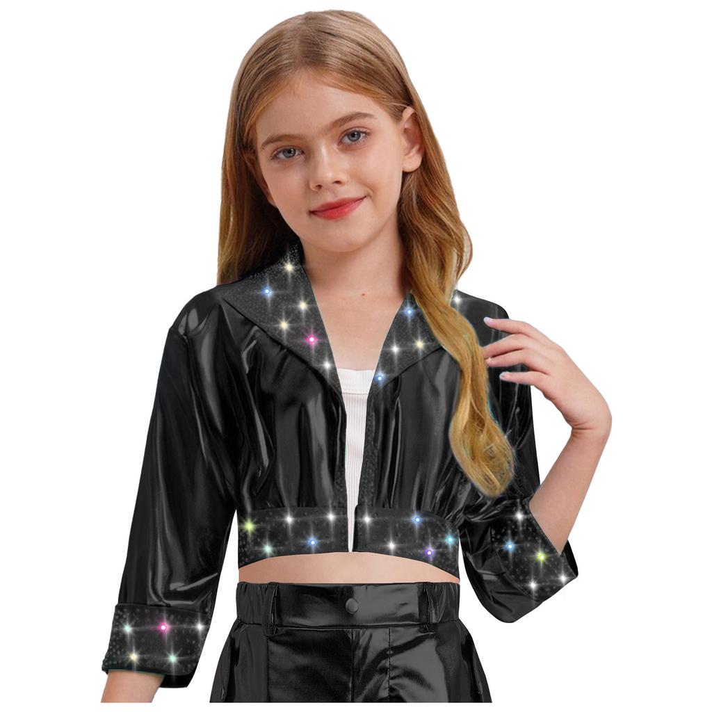 Mädchen Reverskragen Langarm Glänzende Strasssteine Metallische Jacke Jazz Dance Oberbekleidung