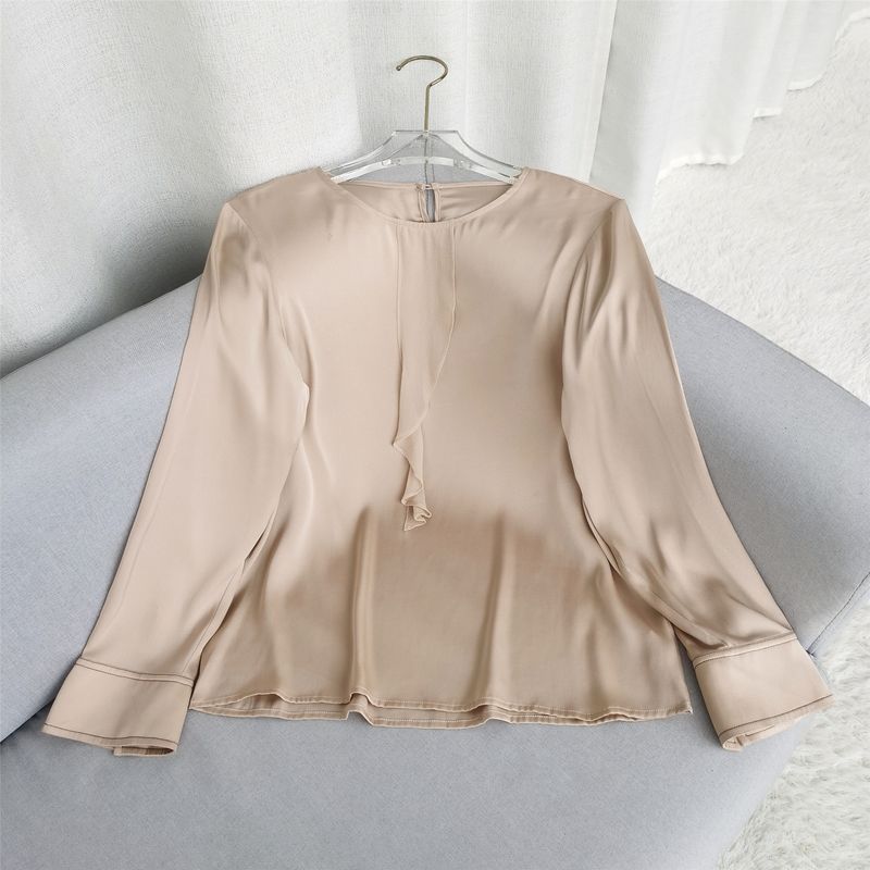 

Micro Flaw Special Offer Commuting Elegant Ol Heavy Weight Silk Shirt Women s Long Sleeve round Neck Tops Women s Loose Shirt Apricot color L