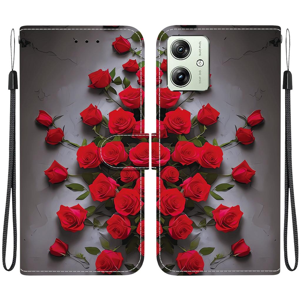 Handmade PU Leather Flip Case for Motorola Moto G54 Anti-Slip Shockproof Cover with Wrist Strap & Heart/Rose Cat Designs