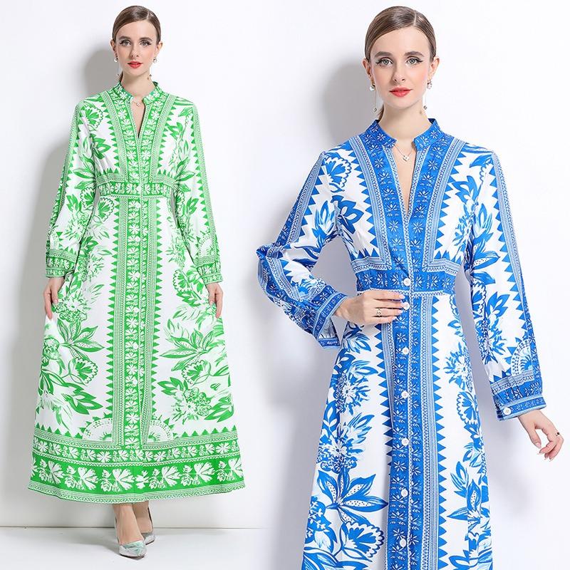 Spring Autumn Women Vintage Print Runway Dresses Full Sleeve Single Breasted Long Maxi Party Dress