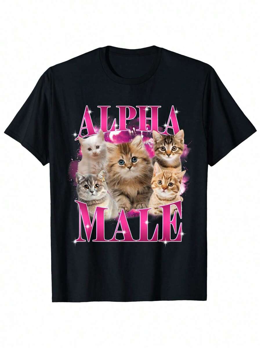 Y2k TShirt Funny Male Alpha Cat Meme Graphic TShirt For Unisex 180g Heavy Cotton Black TShirt With 2XL