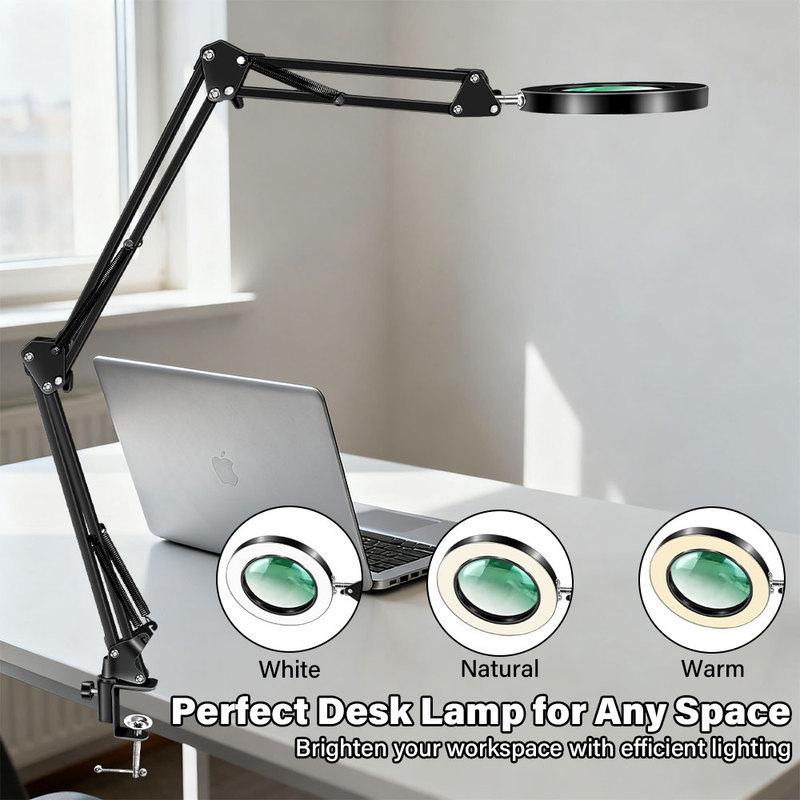 Dreistufig faltbare Lupe mit Licht und Klemme 3 Farbmodi Stufenlos dimmbar Flexibler Schwenkarm 72 LED Schreibtischlampe