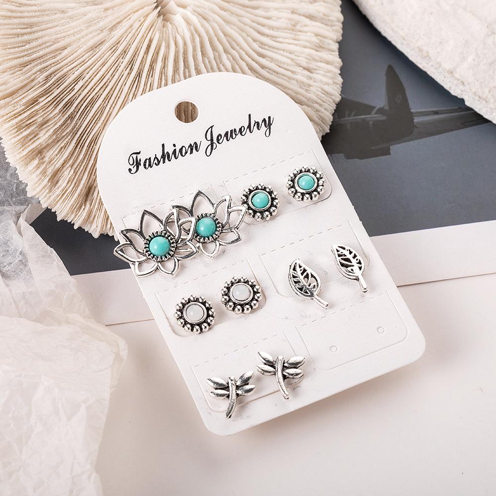 Retro Dragonfly Leaf Earrings Set: 5 Pairs with Micro-Inlaid Turquoise