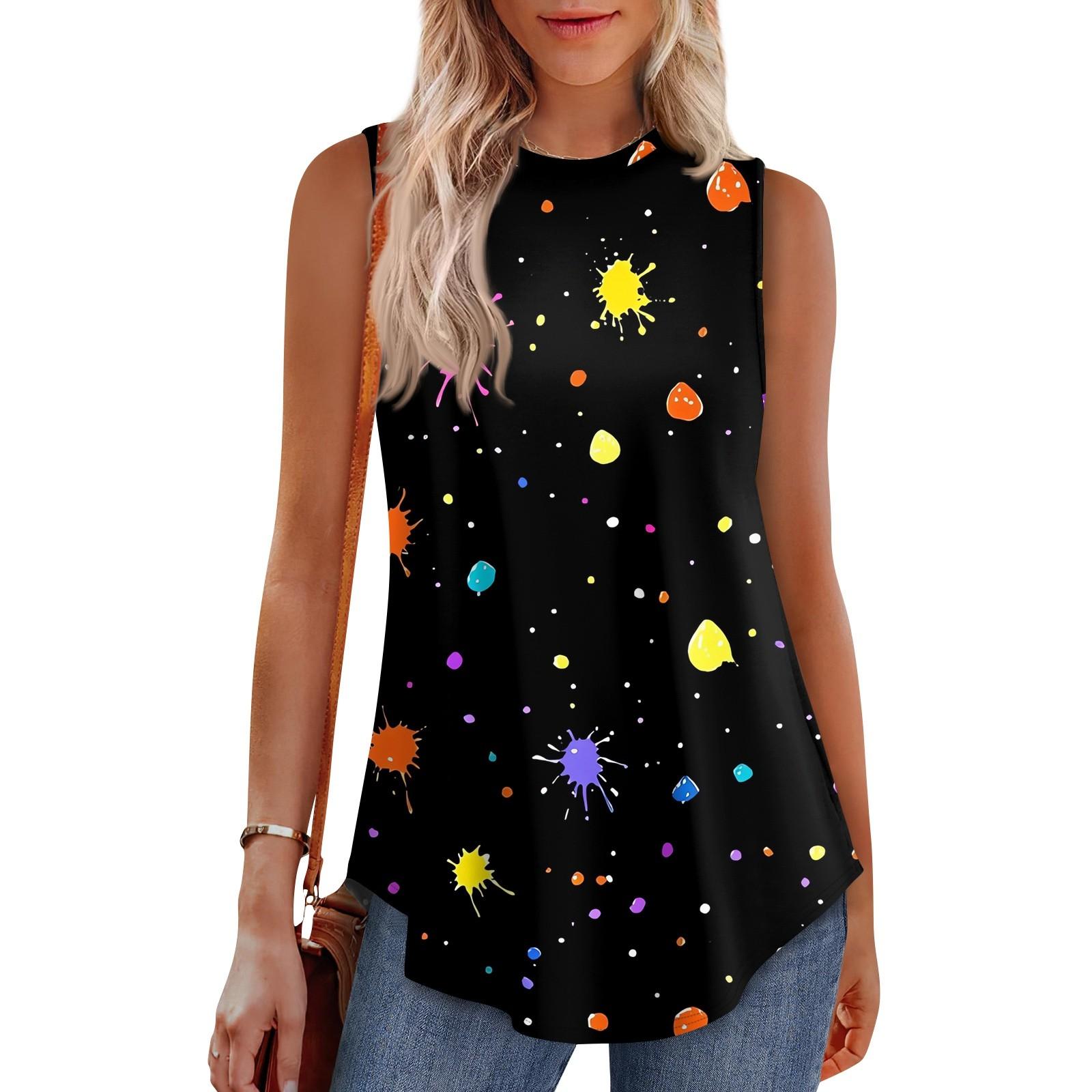 

Женская мода повседневный безрукавка жилет винтажный принт круглый вырез без рукавов топ M чёрный