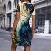 Fashion Womens Loose Abstract Pattern Print O Neck Short Sleeve Loose Streetwear A-line Dress