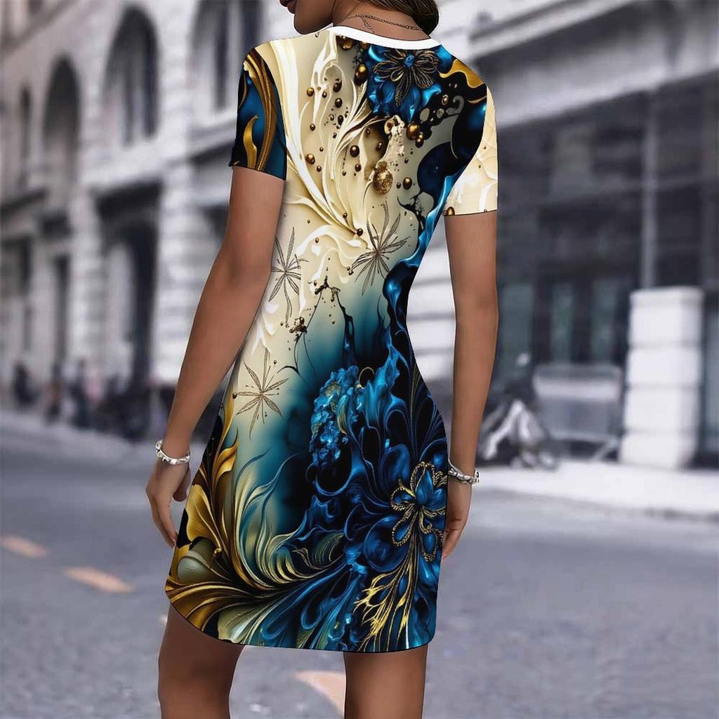 Fashion Womens Loose Abstract Pattern Print O Neck Short Sleeve Loose Streetwear A-line Dress