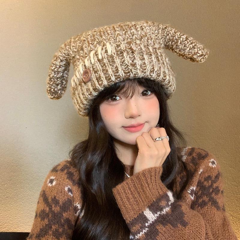 New Funny Thickened Warm Wool Hat Women's Winter Fashion Versatile Knitted Hat Showing Face Small Ear Protection Pullover Hat