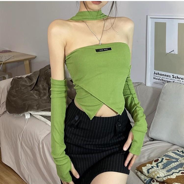Pure desire retro Spice Girl tight neck-hanging off-the-shoulder T-shirt women s short thin irregular sleeves irregular top s 35-47.5kg