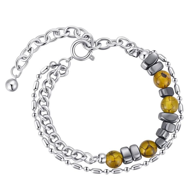 Retro Natural Stone & Stainless Steel Cuban Chain Bracelet