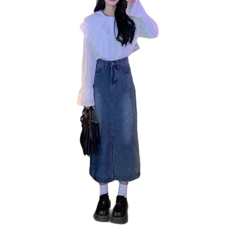 Women's Retro Hong Kong Style A-Line Denim Skirt - Mid-Length, Slimming, Spring & Autumn