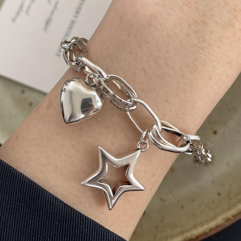 100% Solid 925 Sterling Silver Retro Bracelet for Women Men Vintage Handmade Heart Star Tassel Patern Bracelet Birthday Gift