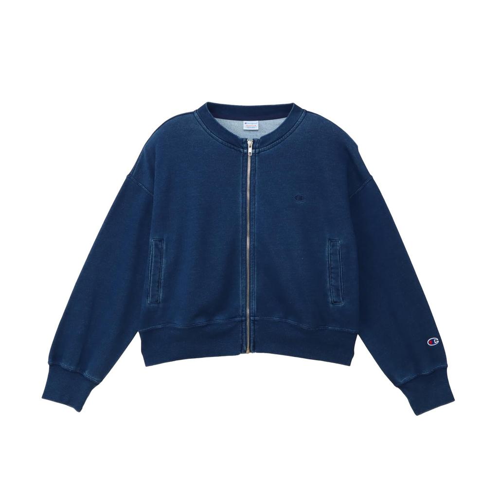 Champion Basic Washed Long Crew Fleece Single Embroidery Women's Zip-Up Sweatshirt, CW-B001, Blue, Sleeve, Neck, Lining,