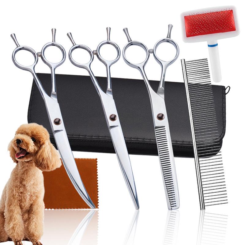 Professional Pet Grooming Hair Trimming Set: Curved & Serrated Scissors for Dogs