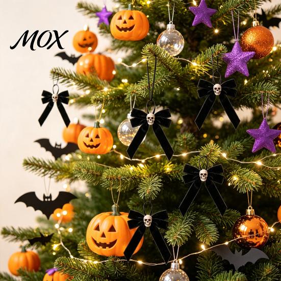 Retro Distressed Skull Accessory Halloween Velvet Bows with Ornaments for Tree Decoration, Black Flannel Skeleton Wall Decor Gothic Bow Hanging