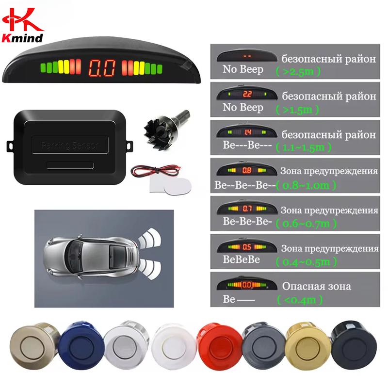 Kmind Car Rear Parking Sensor Kit System 4 Reversing Radar Sensors 12V 22mm Reverse Monitor LED ScreenSound Alert Indicator