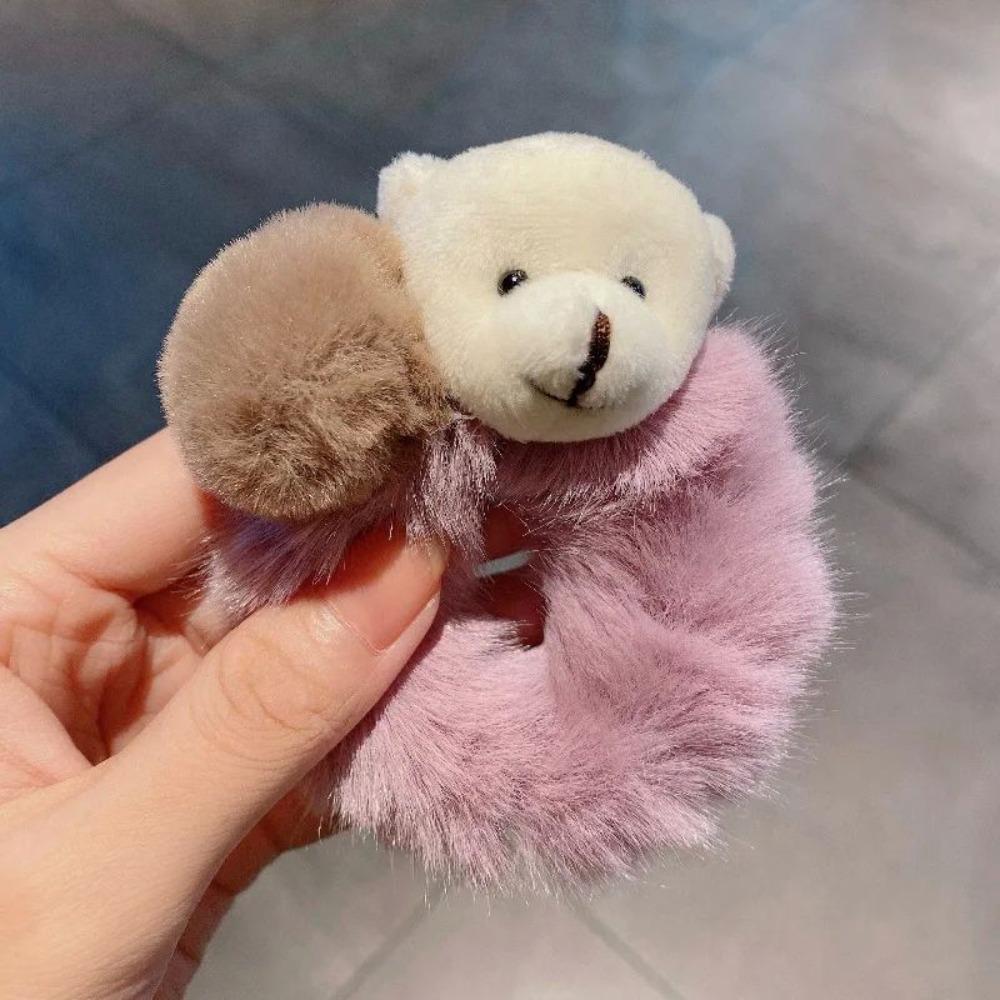 

Women Cute Plush Bear Elastic Scrunchie Rubber Bands Ponytail Holder Hair Accessories Hair Rope темно-рожевого кольору